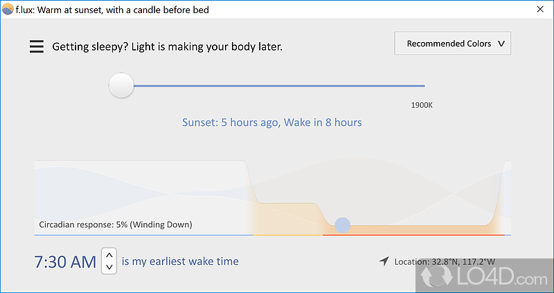 Piece of software designed as a customization tool for display, so computer's colors can adjust to the outside light - Screenshot of f.lux