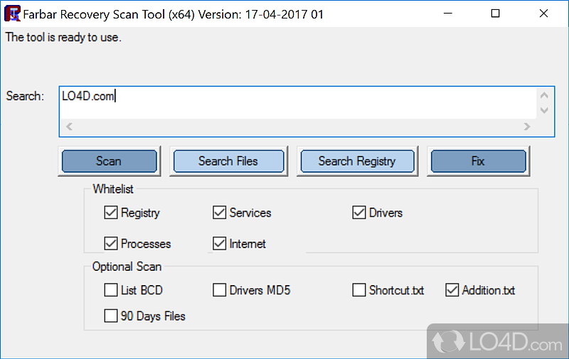 Was designed to scan computer for malware damage - Screenshot of Farbar Recovery Scan Tool