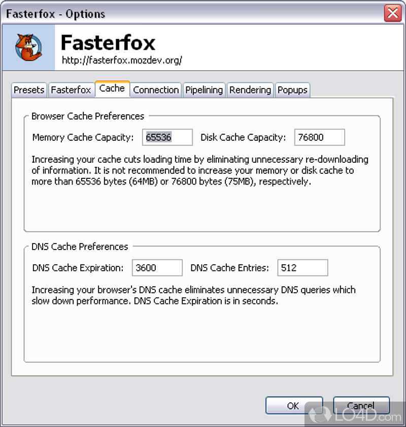 Fasterfox: User interface - Screenshot of Fasterfox