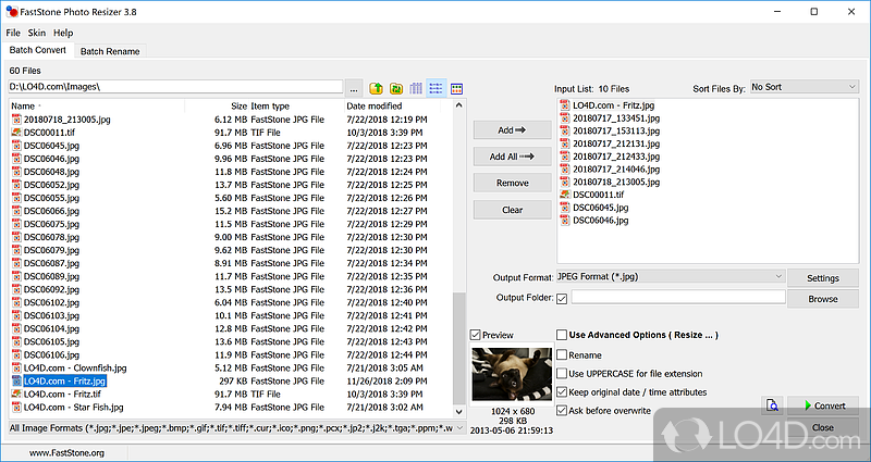 Tool to resize a photo and make it compatible with various mobile devices or shrink images in batch to save hard disk space - Screenshot of FastStone Photo Resizer