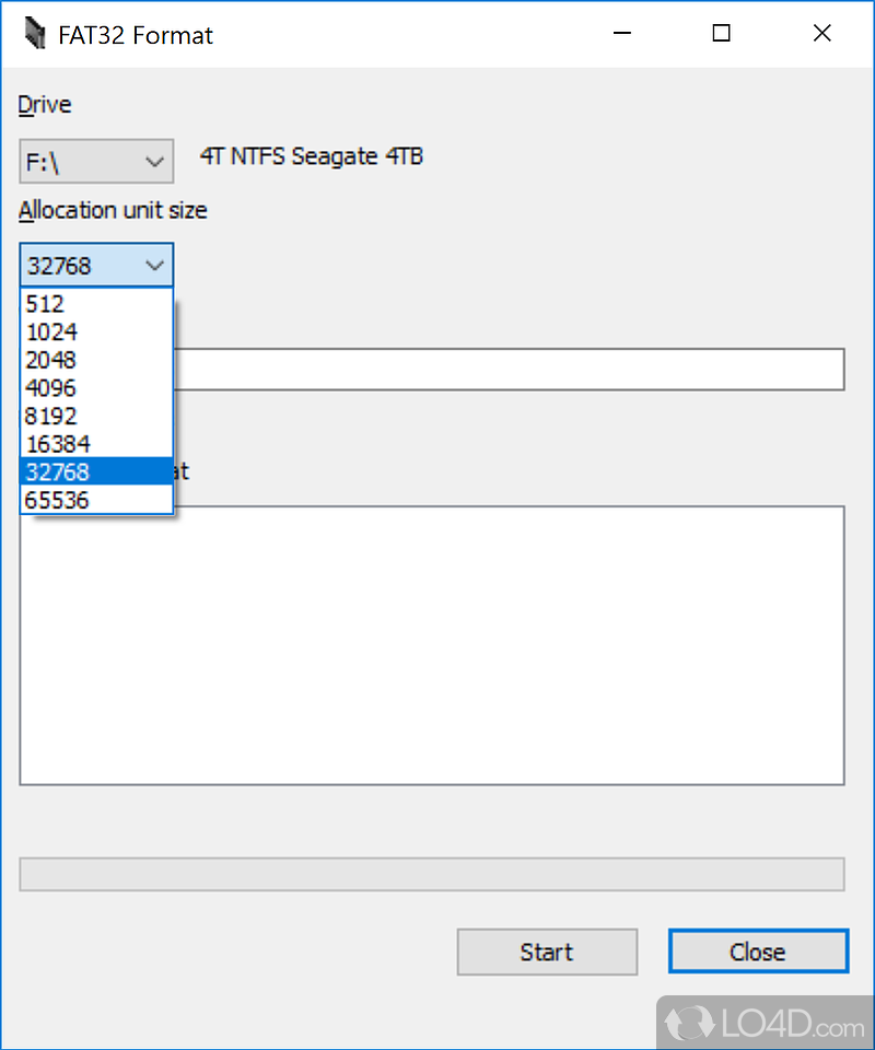 Specify the desired drive along with the allocation unit size - Screenshot of FAT32format GUI