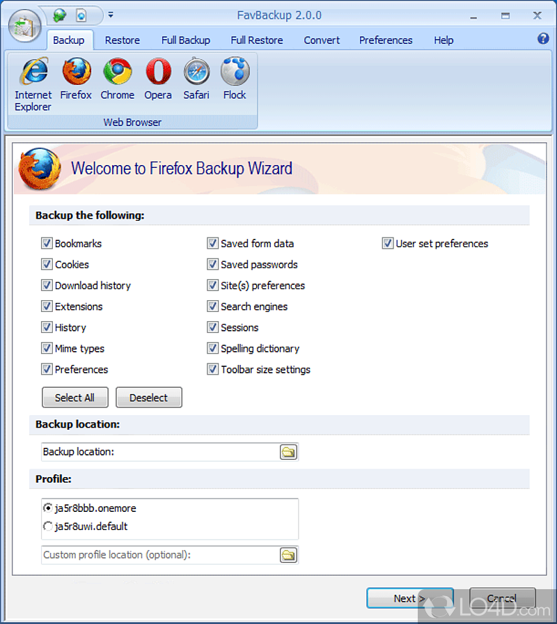 Back up and restore browser settings the easy way - Screenshot of FavBackup