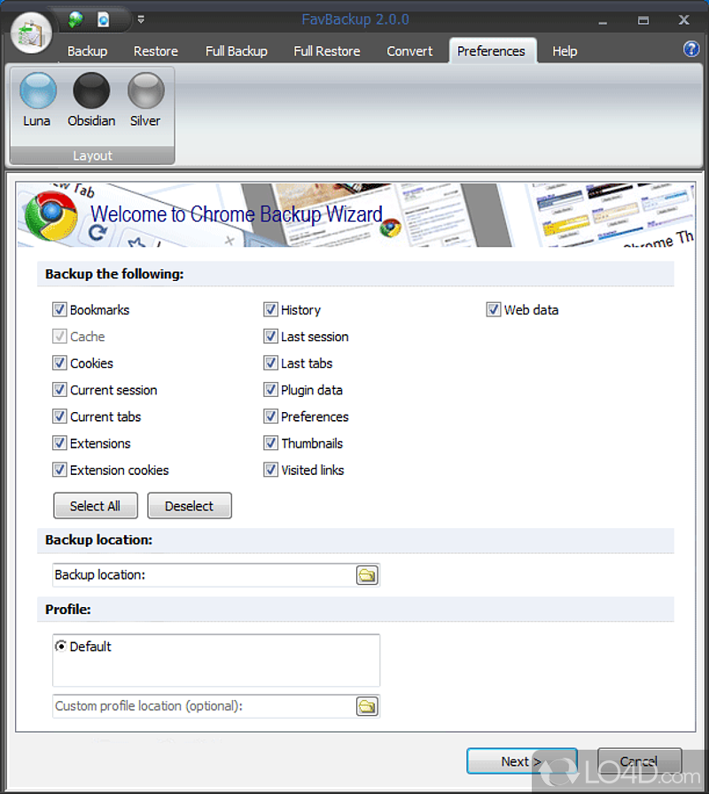 Backup and restore web browser settings - Screenshot of FavBackup