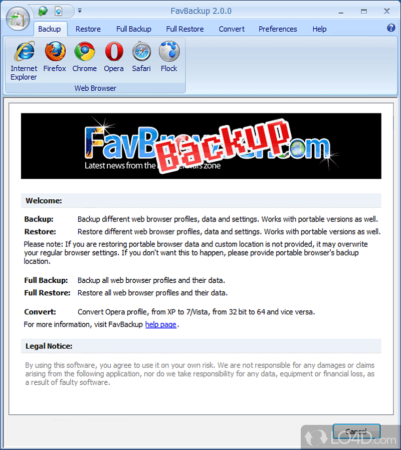 Backup or restore settings from desired web browsers - Screenshot of FavBackup