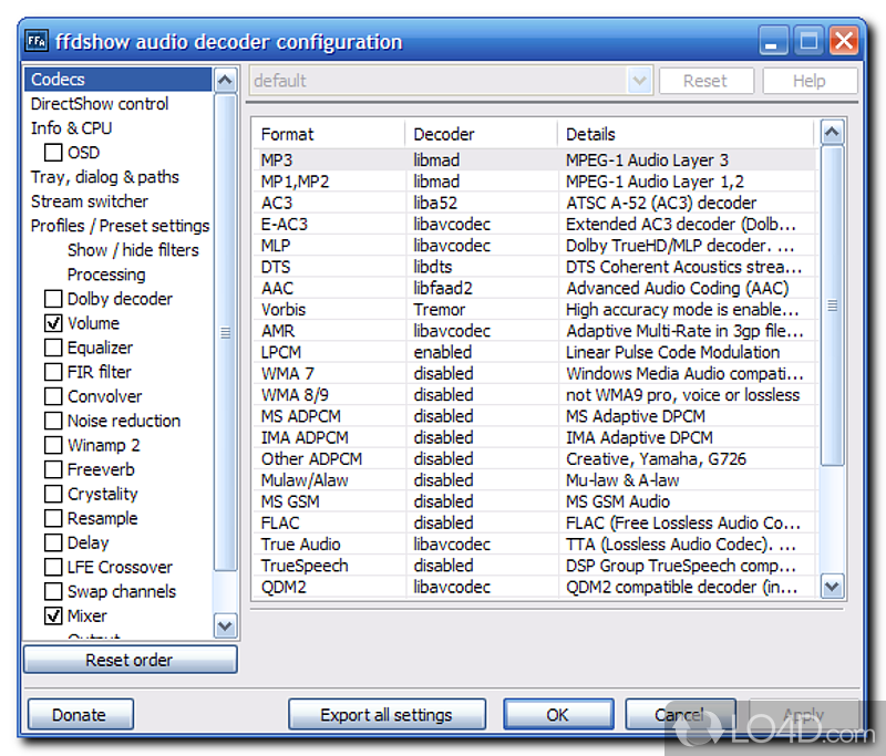 FFDSHOW (All in one codec): User interface - Screenshot of FFDSHOW (All in one codec)