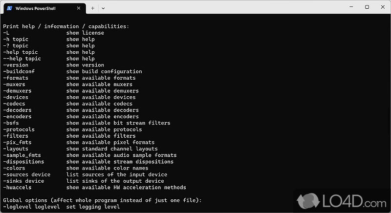 Includes three main tools and a plethora of options - Screenshot of FFmpeg