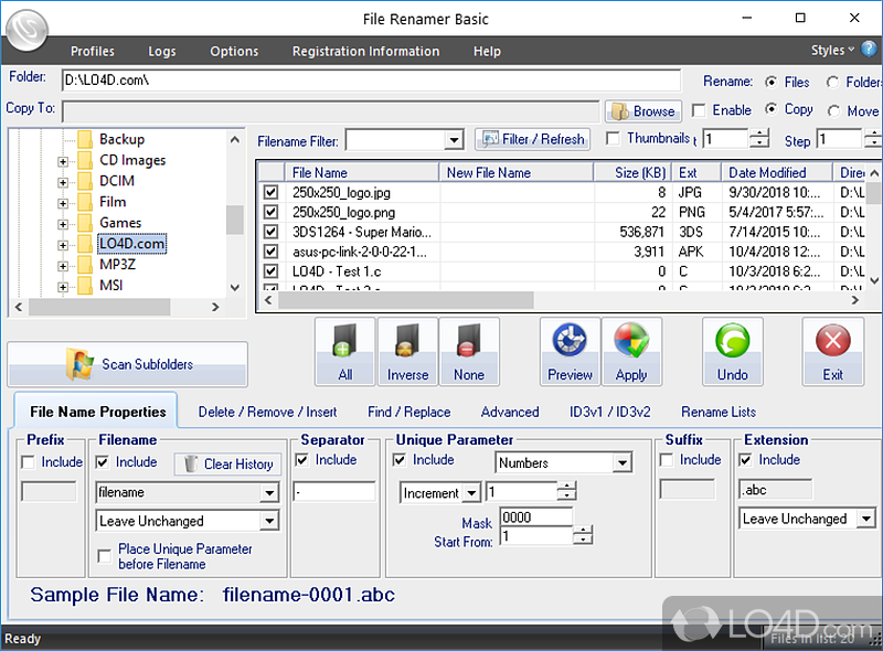 Rename Files, Folders, MP3 files and edit ID3v1 and ID3v2 tags - Screenshot of File Renamer Basic
