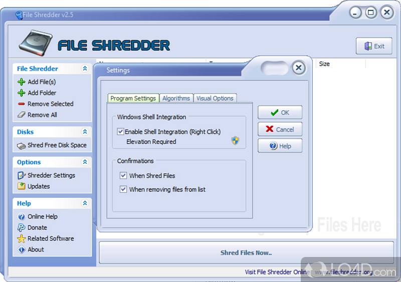 Configuration settings - Screenshot of File Shredder