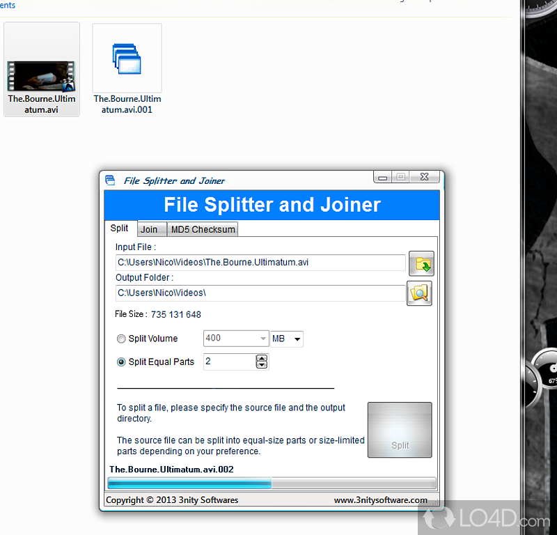 Software solution that helps you split and join files, calculate the MD5 signature and encrypt data if necessary - Screenshot of File Splitter and Joiner