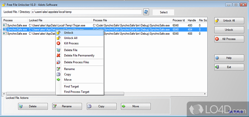 Various operations to perform - Screenshot of Free File Unlocker
