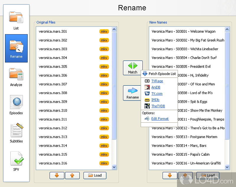 Rename, organize and find subtitles for your TV shows - Screenshot of FileBot