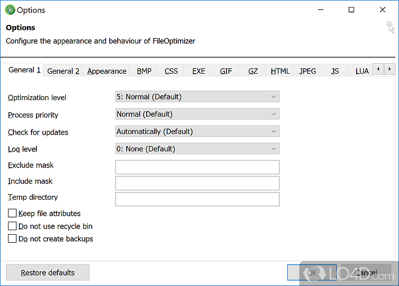 Tool used to compress and shrink the size of files for many uses - Screenshot of FileOptimizer