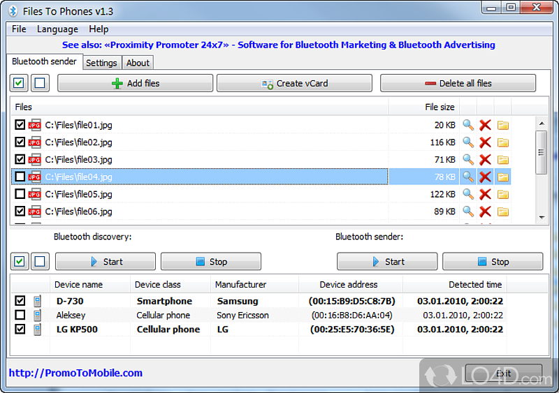 Send files from PC to mobile phones with Bluetooth - Screenshot of Files To Phones