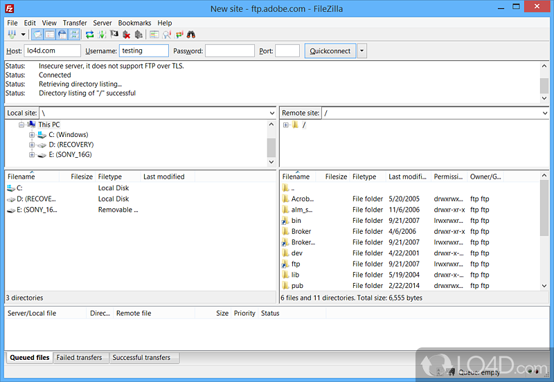 Fast FTP and SFTP client that features multiple connections support and a dual-pane interface for easier navigation - Screenshot of FileZilla