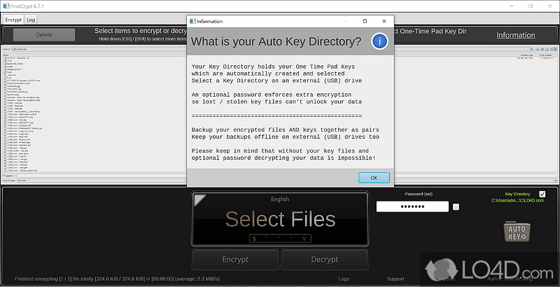 Transfer files securely and decrypt them using your cipher file - Screenshot of FinalCrypt
