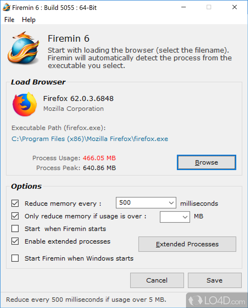 Software solution that can automatically eliminate all memory leaks in Firefox, Waterfox - Screenshot of Firemin