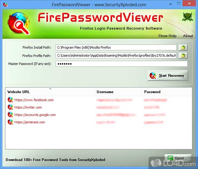 Recover login credentials stored by the Firefox built-in password manager - Screenshot of FirePasswordViewer