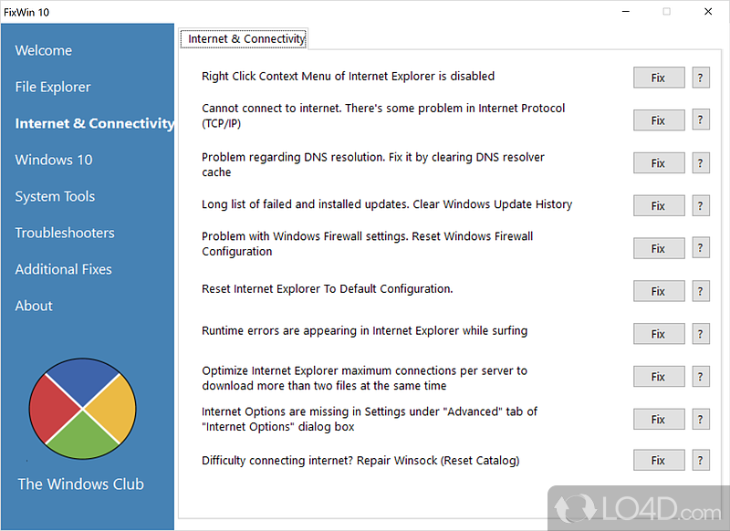 Discover the types of issues to repair - Screenshot of FixWin