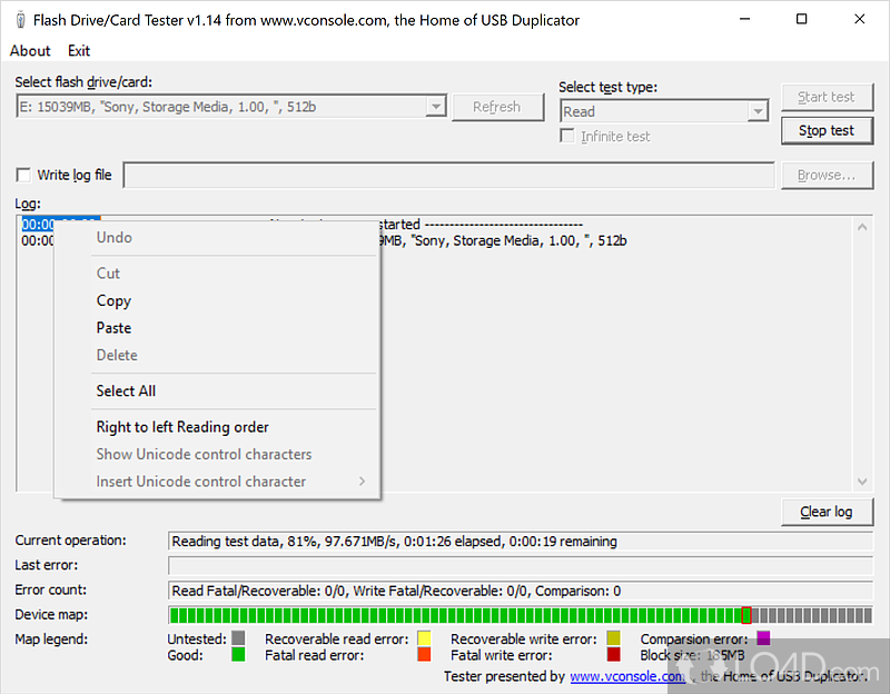Flash Drive Tester: User interface - Screenshot of Flash Drive Tester