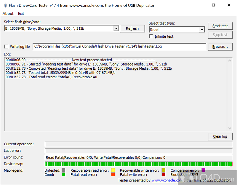 Simply select your flash card or USB drive, choose a test type and whether to write to a log file - Screenshot of Flash Drive Tester