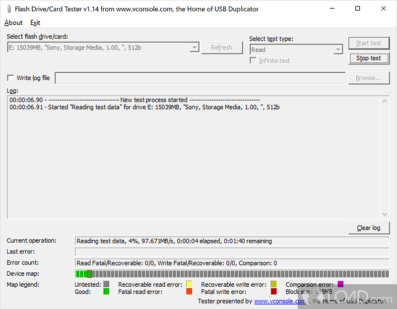 Testing tool for checking the status and health of removable flash media - Screenshot of Flash Drive Tester