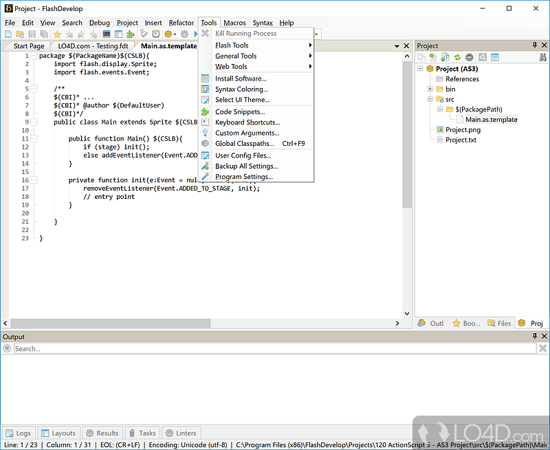 Supports several popular programming languages - Screenshot of FlashDevelop