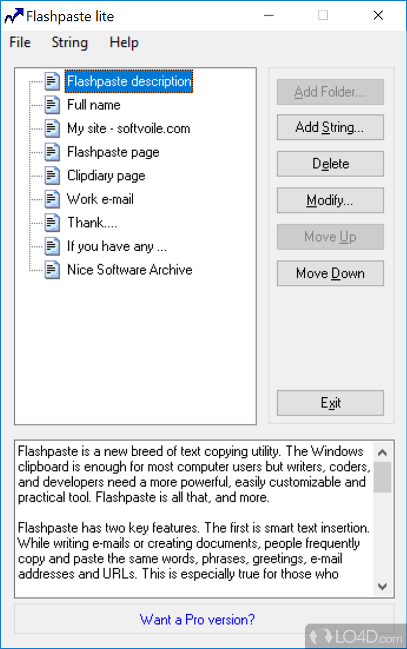 Create and manage text strings and quickly insert them in any document with the help of hotkeys - Screenshot of Flashpaste Lite