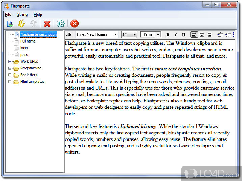 Access, edit and copy various text fragments to documents - Screenshot of Flashpaste Professional
