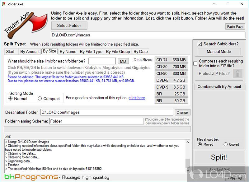 Folder splitter that lets you organize files in a directory using various criteria - Screenshot of Folder Axe