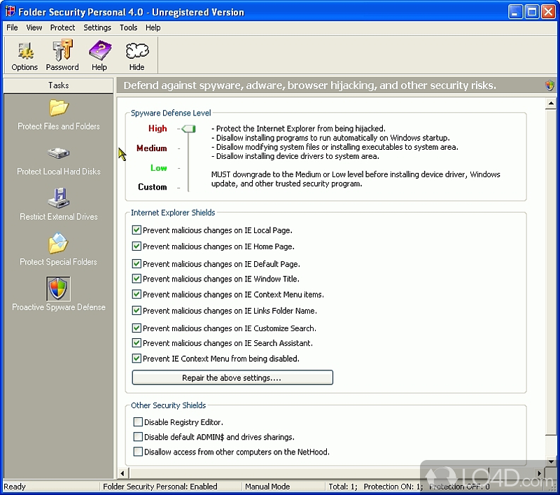 Hide and password-protect files, folders, and drives - Screenshot of Folder Security Personal