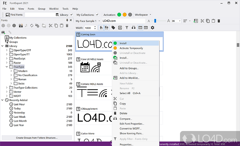 Font manager: preview, print fonts, and examine system for font errors - Screenshot of FontExpert