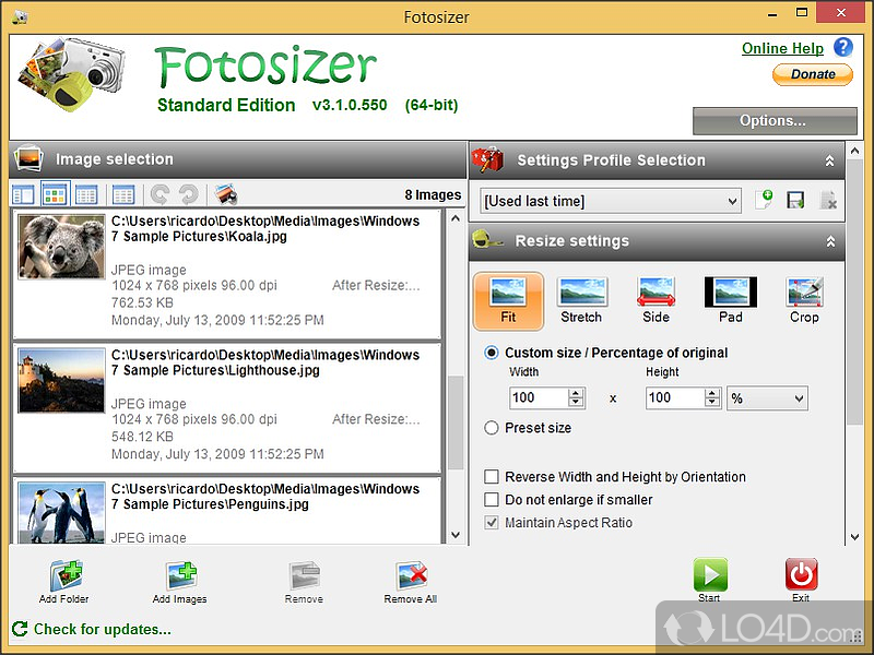 Piece of software designed to resize photos to a custom size, apply several effects - Screenshot of Fotosizer