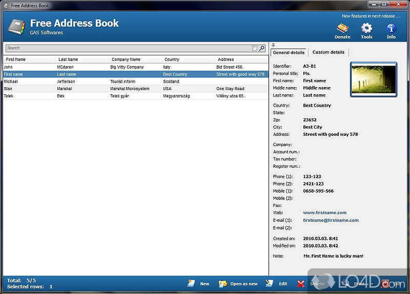 Address Book for Organize contacts - Screenshot of Free Address Book