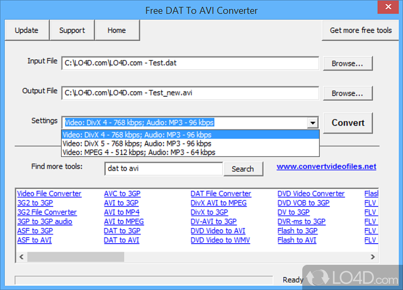 Software which converts DAT files to valid AVI video for playback - Screenshot of Free DAT to AVI Converter