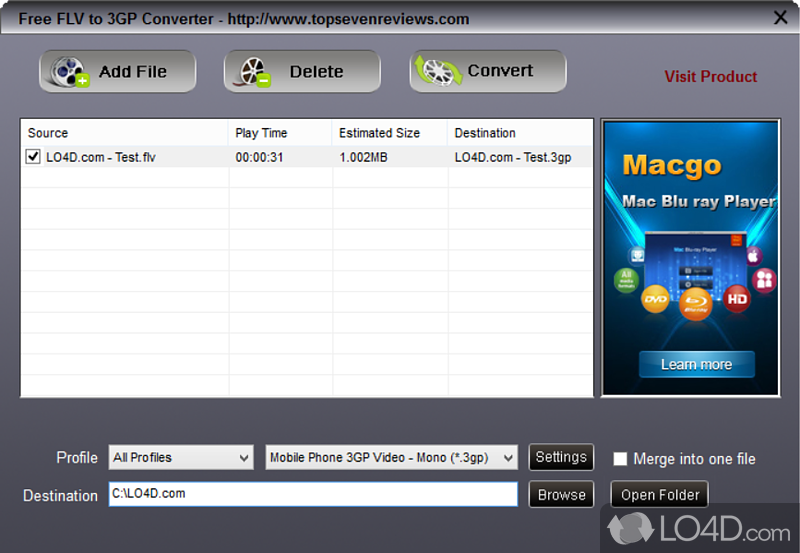 Convert video files (FLV, F4V, MPG, MPEG - Screenshot of Free FLV to 3GP Converter