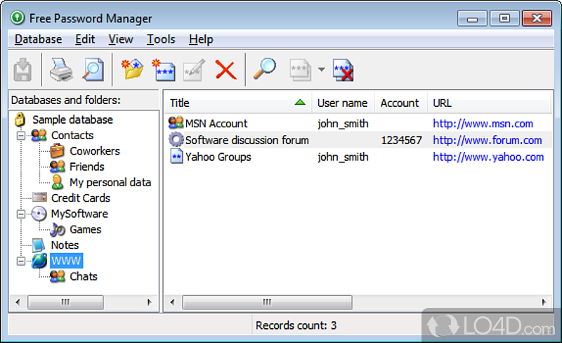 Create an organized database of credentials, contacts, websites - Screenshot of Free Password Manager