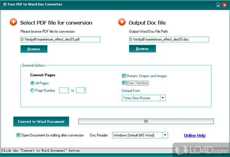 -to-handle program that helps you convert PDF files to DOC file format while letting you select the desired pages - Screenshot of Free PDF to Word Doc Converter