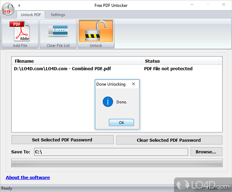 Enter the password to decrypt PDFs - Screenshot of Free PDF Unlocker