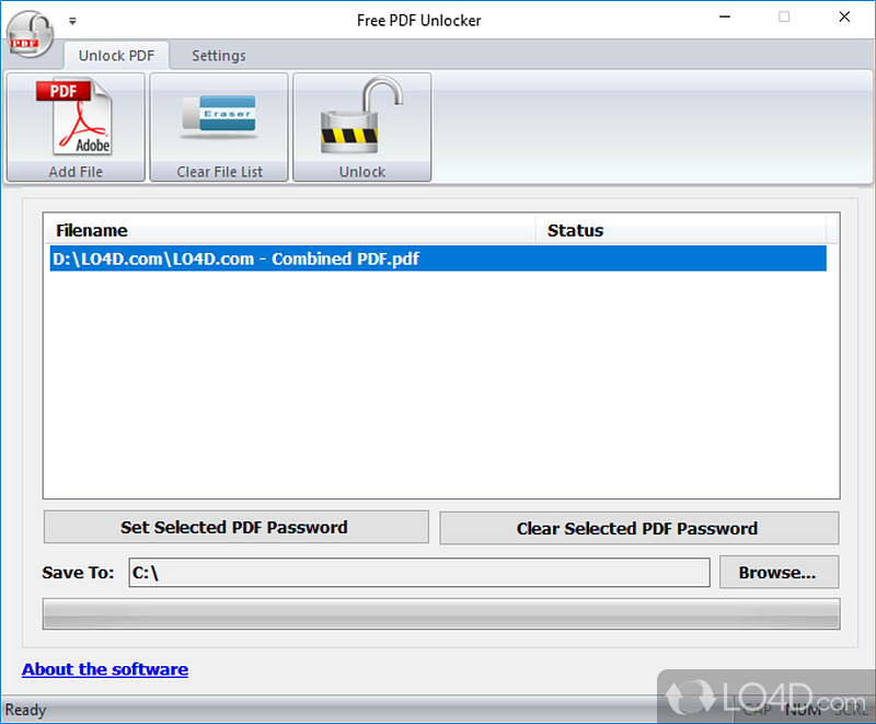 Unlock protected PDF documents by entering the passwords - Screenshot of Free PDF Unlocker