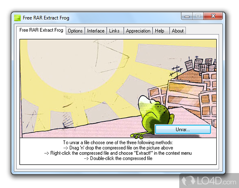 Multiple methods to extract archives - Screenshot of Free RAR Extract Frog