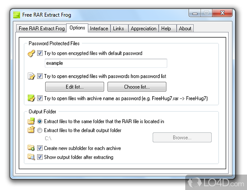 Extra security with passwords - Screenshot of Free RAR Extract Frog
