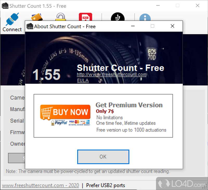 Establish the value of a Canon DSLR - Screenshot of Free Shutter Count