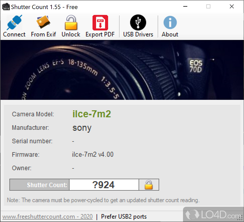 Check the status of Canon EOS DSLR camera and find the shutter count number in a matter of seconds - Screenshot of Free Shutter Count