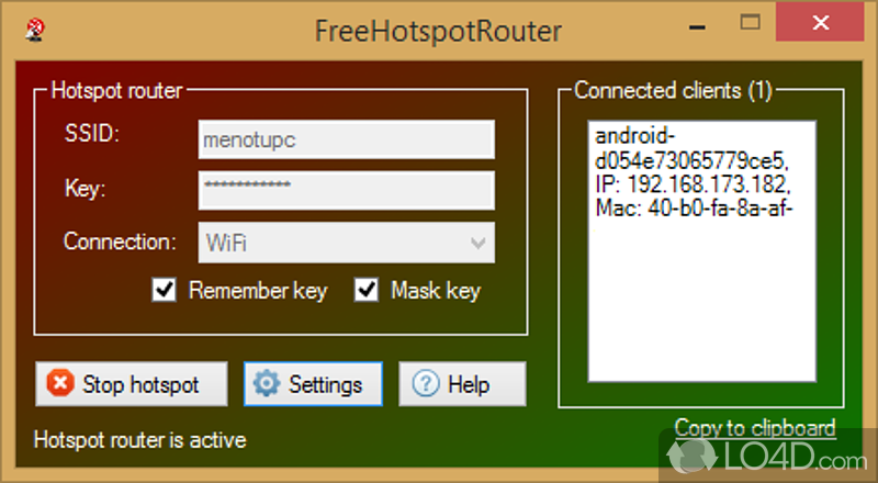 Basic app to share Internet over a wireless LAN network - Screenshot of FreeHotspotRouter