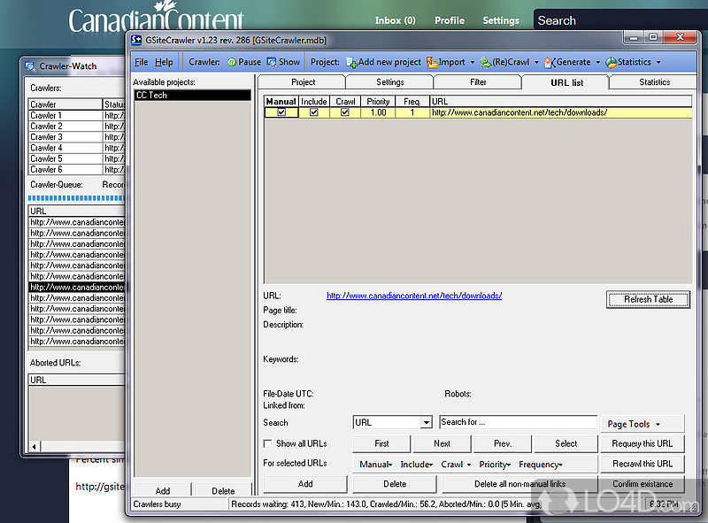 Site crawler for generating a sitemap - Screenshot of GSiteCrawler