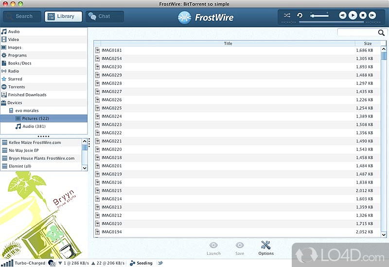 Access an audio player and configure settings - Screenshot of FrostWire