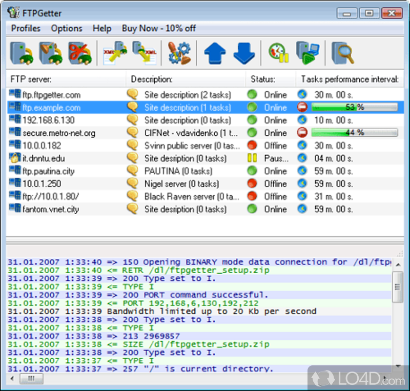 Configure and schedule regular uploads to FTP servers, using standard or highly secured connections - Screenshot of FTPGetter