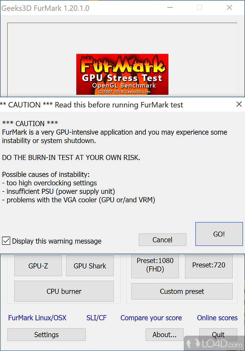 Predefined or custom test cases - Screenshot of FurMark