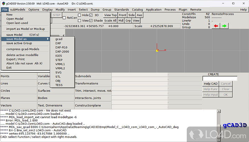 gCAD3D: Basic interface - Screenshot of gCAD3D