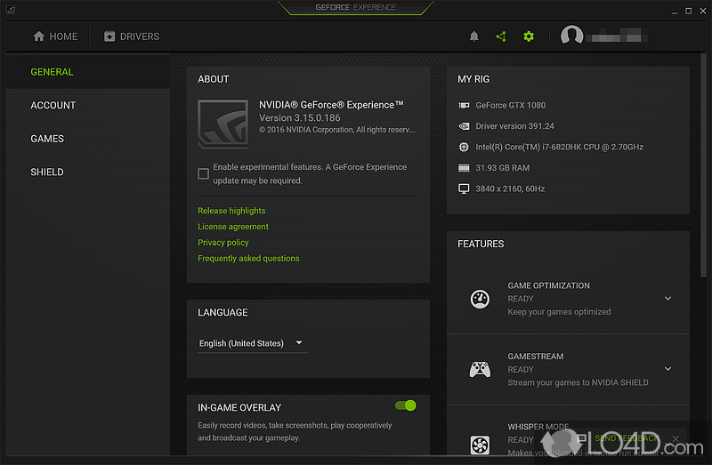 Nvidia graphics card drivers - Screenshot of GeForce Experience